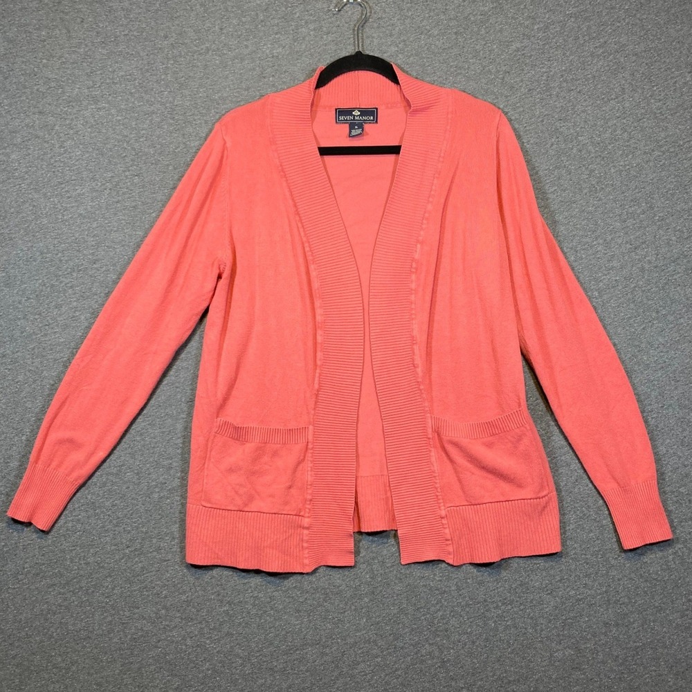 Seven Manor Womens XL Coral Pink Open Front Cardigan Shawl Collar Knit Sweater